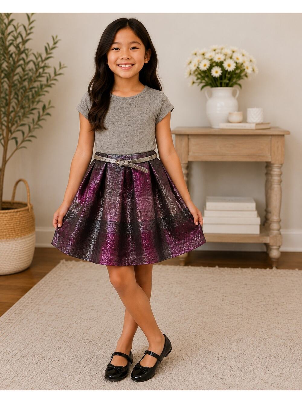 Justice Girls Metallic Plum Party Dress with Glitter Skirt & Belt